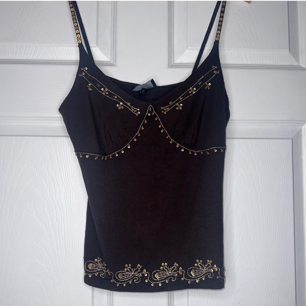 Erik Stewart Stretch Y2K 2000s fairy tank top with sequin embroidery trim BROWN
